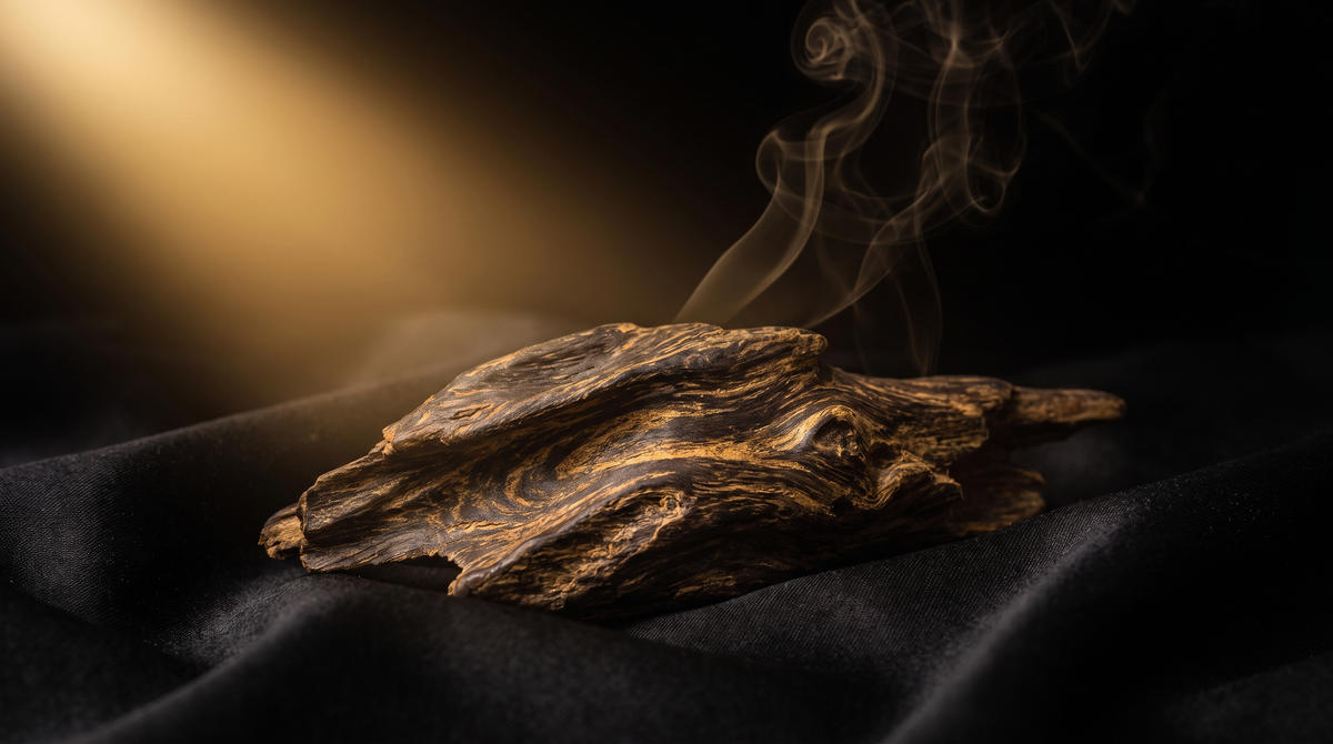 A resin-marbled piece of agarwood on black silk under gold light