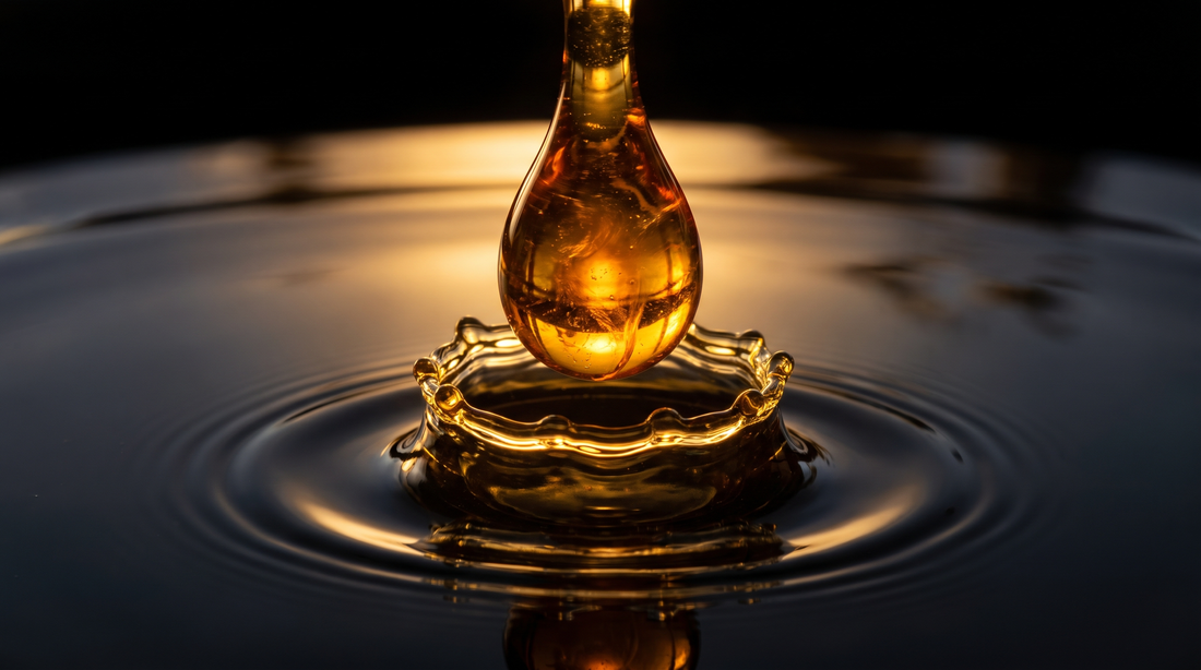 A drop of golden perfume oil striking a dark pool — concentration made visible