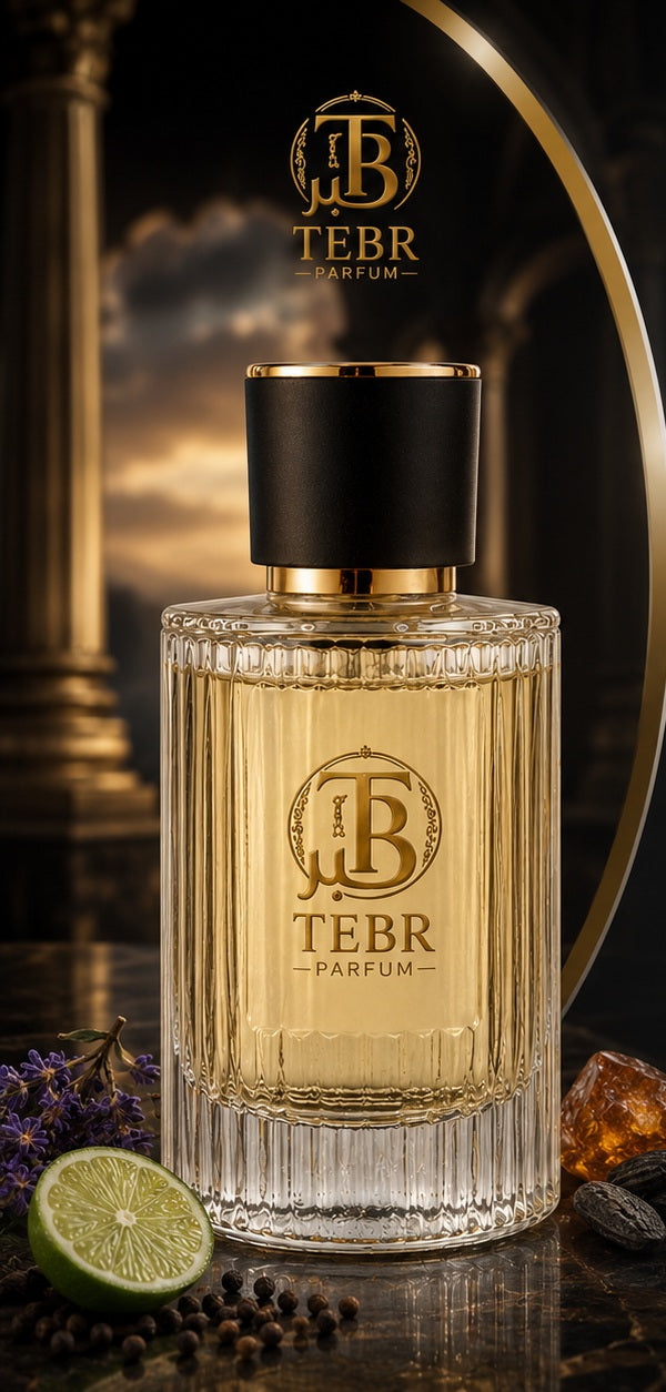 TEBR Black Tebr eau de parfum bottle against dark stone columns