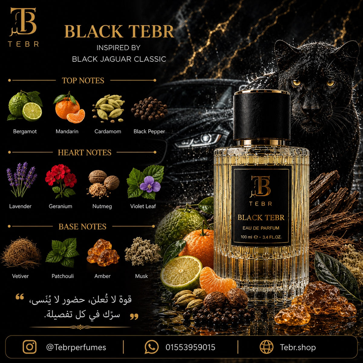Black Tebr fragrance note pyramid — top, heart and base notes