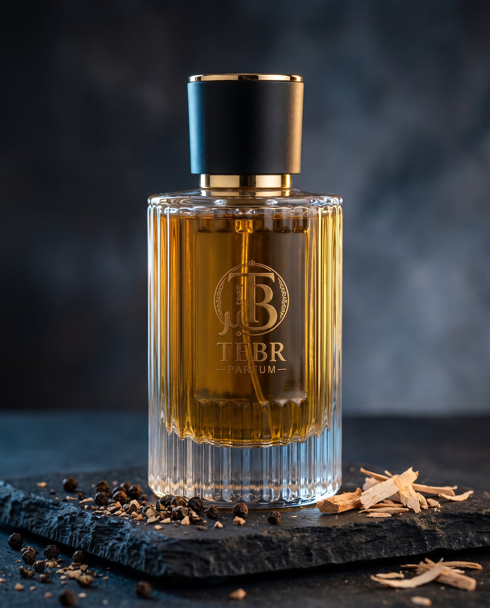 Black Tebr flacon on black basalt with peppercorns and cedar shavings