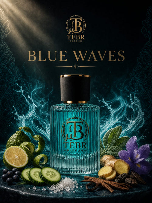 Blue Waves campaign card with bottle and raw ingredients