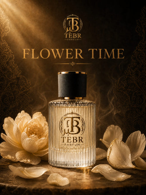 Flower Time campaign card with bottle and raw ingredients
