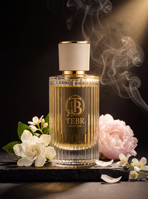 Flower Time flacon on black stone with gardenia, peony and jasmine