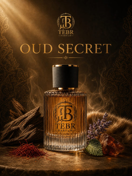 Oud Secret campaign card with bottle and raw ingredients