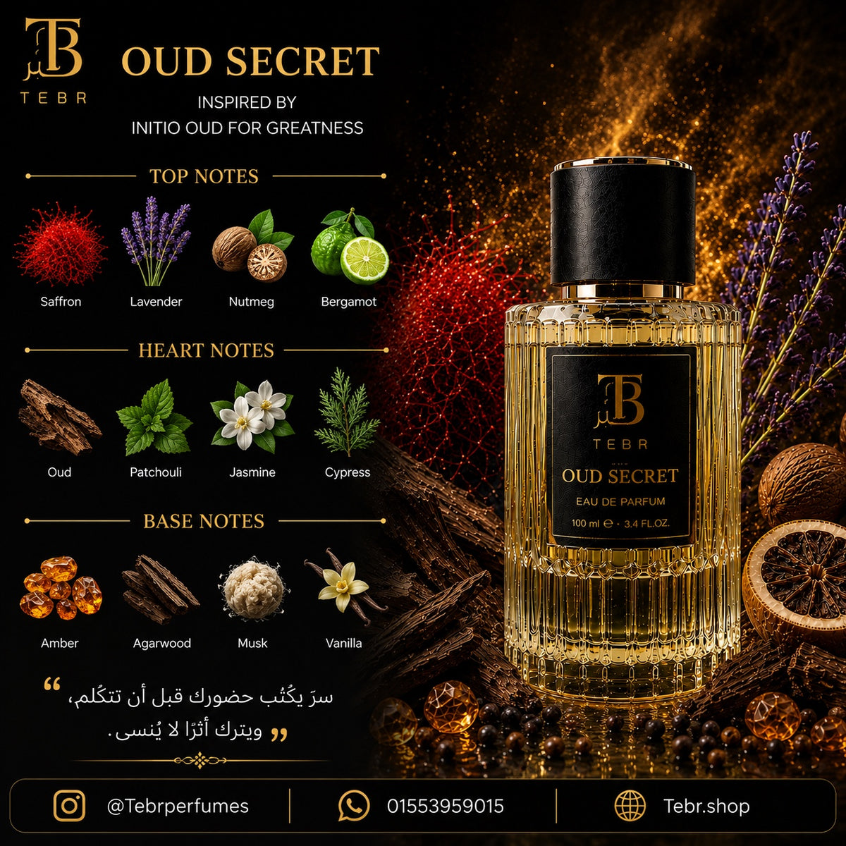 Oud Secret fragrance note pyramid — top, heart and base notes