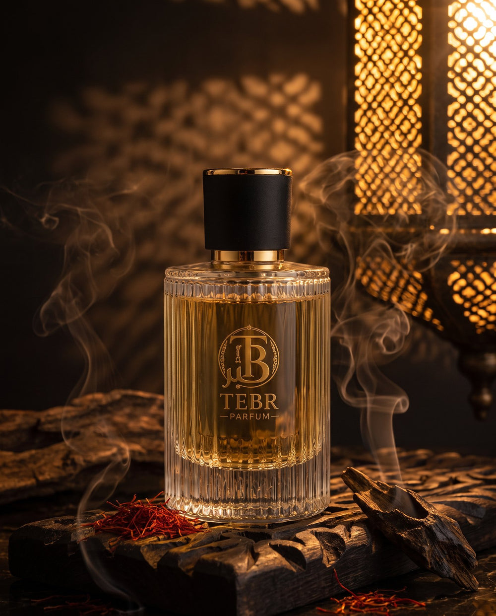 Oud Secret flacon on carved wood with saffron threads and incense smoke