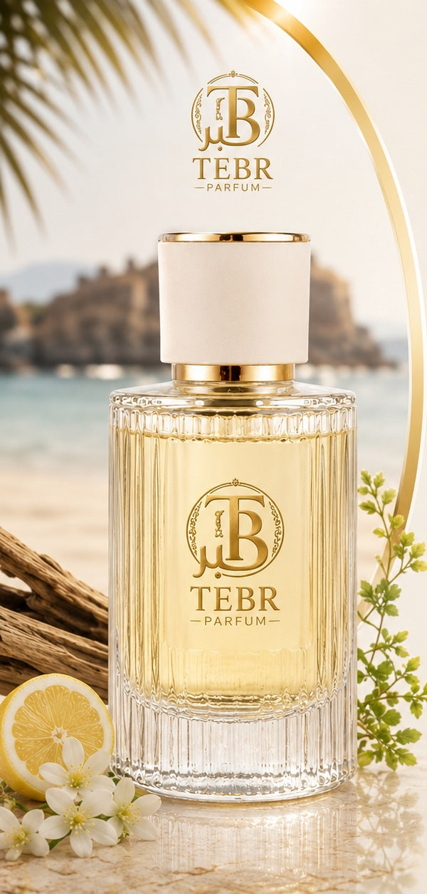 TEBR Sweet Summer eau de parfum bottle with lemon and green apple on sand