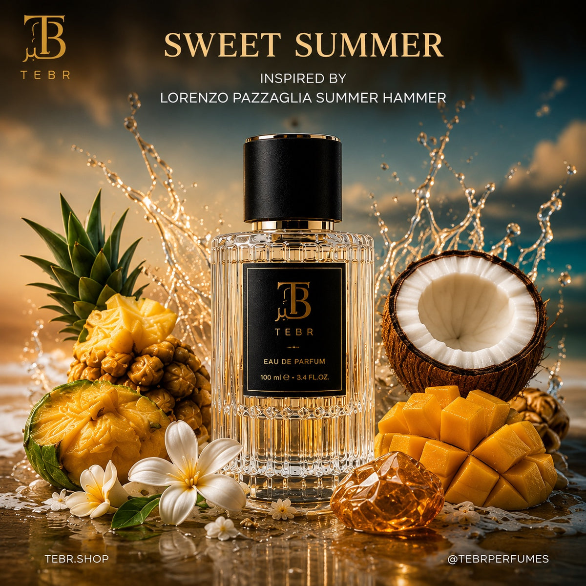 Sweet Summer campaign card with bottle and raw ingredients