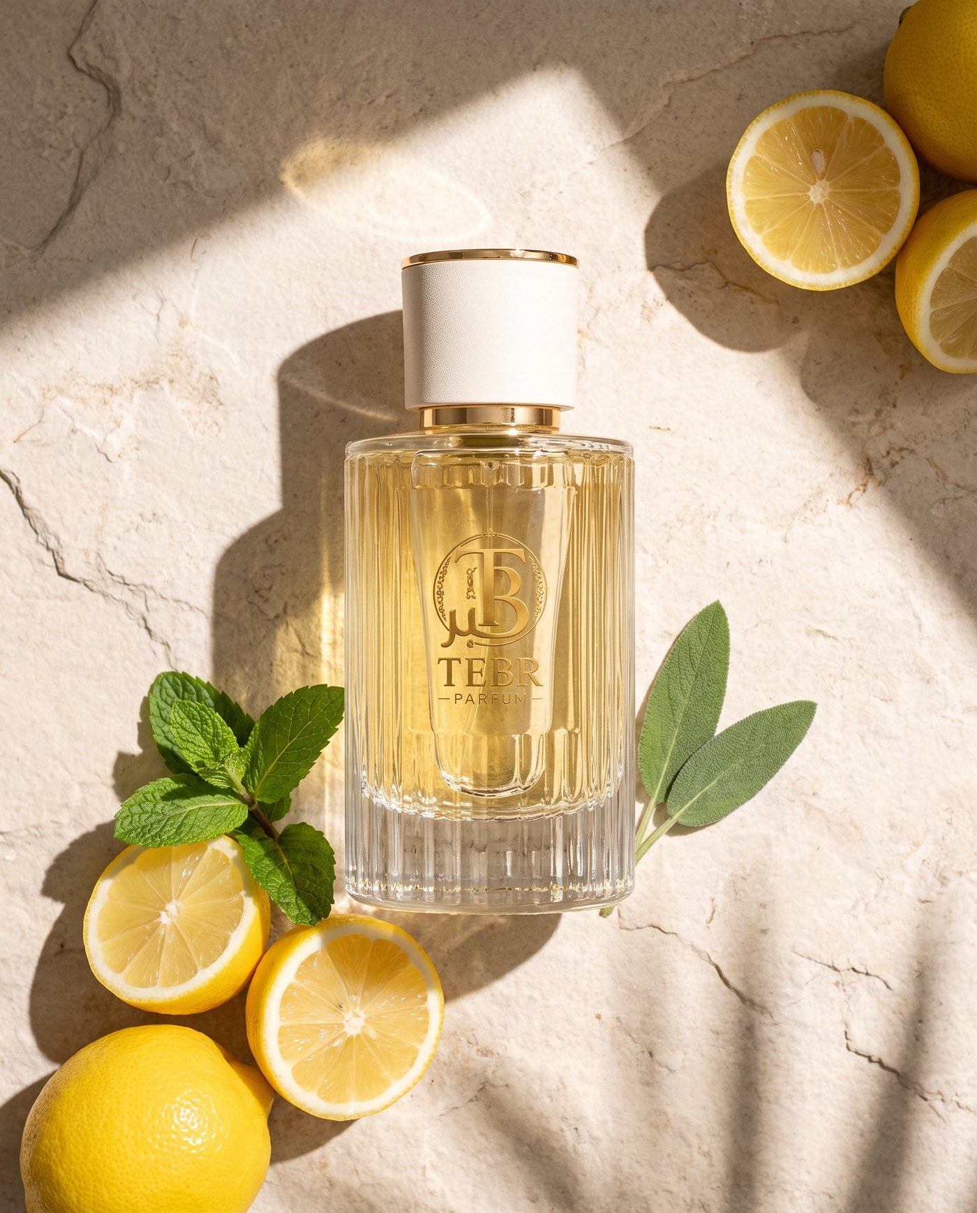 Sweet Summer flacon on sunlit limestone with lemons, mint and sage