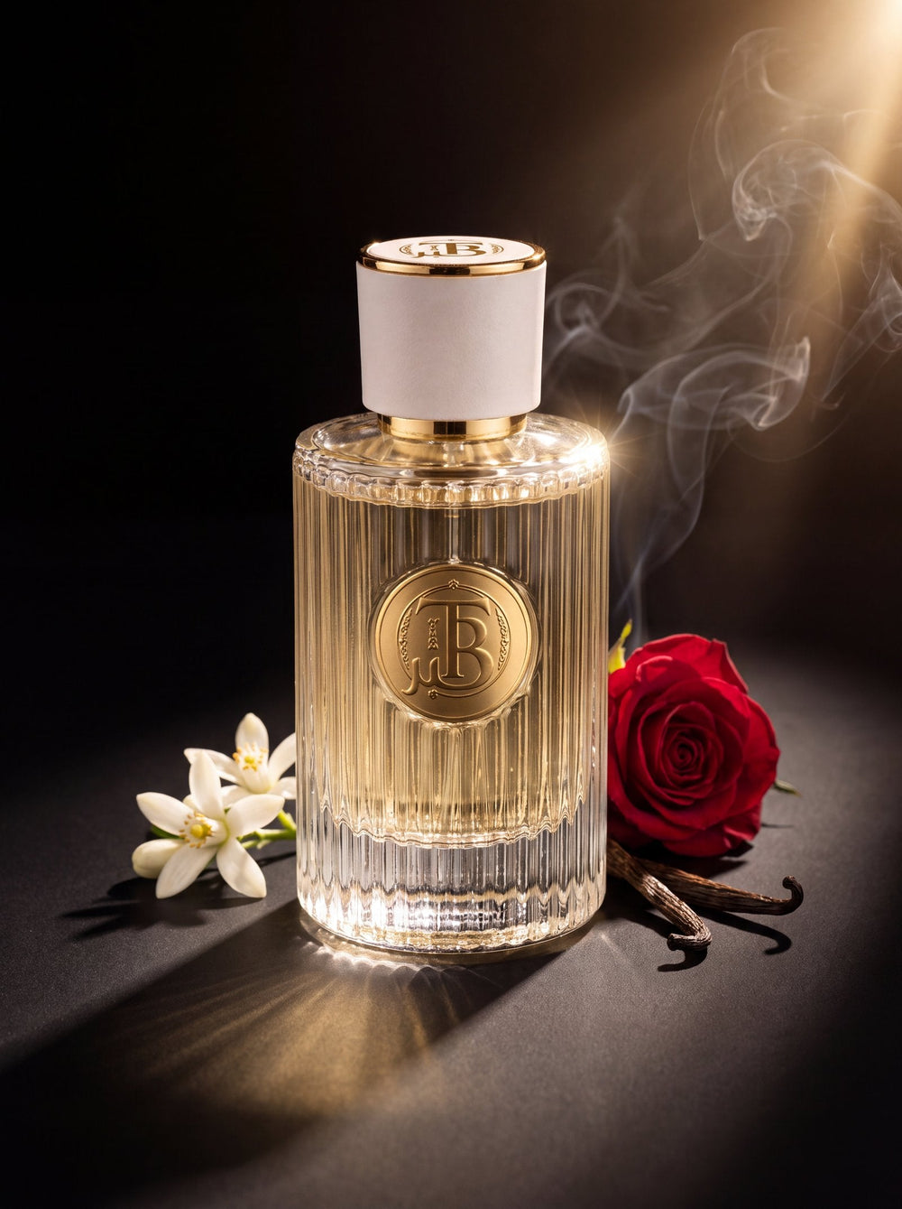 Symphony flacon on black stone with rose, orange blossom and vanilla