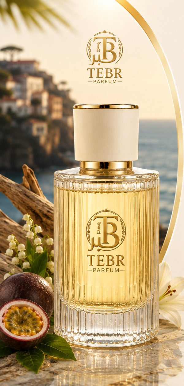 TEBR Wahaj eau de parfum bottle on a sunlit Mediterranean coast