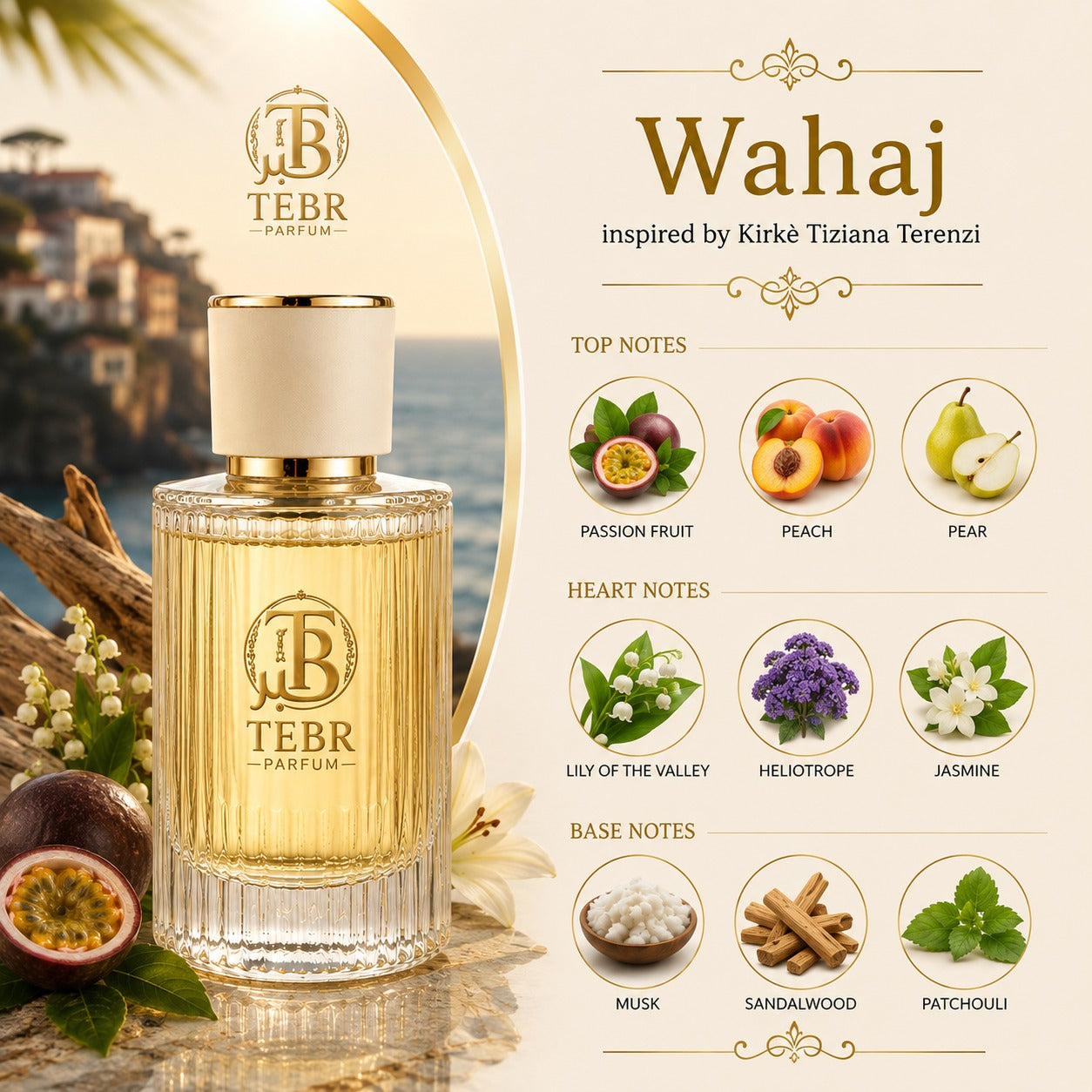 Wahaj fragrance note pyramid — top, heart and base notes