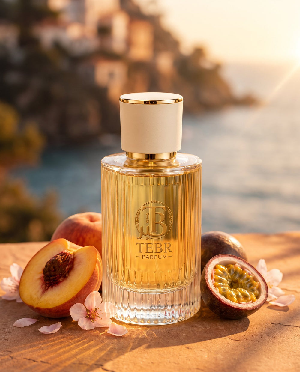 Wahaj flacon on terracotta with peach, passion fruit and blossom in late sun
